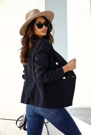 Czarny taliowany żakiet damski ze złotymi ozdobnymi guzikami EDAN BALMAIN.