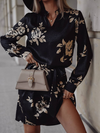 Czarna satynowa sukienka damska w kwiaty SIMPLY STYLE