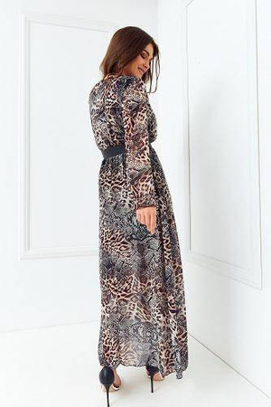 Wzorzysta długa sukienka damska z wiązaniem w pasie MILENA