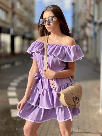 Lila, fiolet - sukienka HISZPANKA LILA NEW SPAIN ozdobiona falbaną z białym wykończeniem
