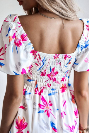 Biała sukienka damska z gorsetową częścią w kolorowe kwiaty ALEXANDRA