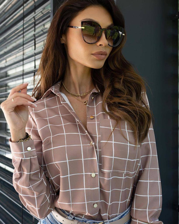 Brązowa koszulowa bluzka damska w kratę zapinana na guziki SARA