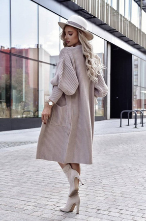 Beżowy długi kardigan damski z grubym splotem i kieszeniami XANA OLENA