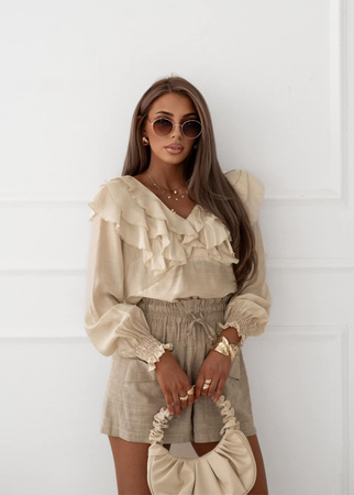Beżowa bluzka damska z ozdobną falbaną CRYSTAL