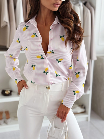 Biała koszula damska w delikatne różowe paseczki i cytrynki NOVUM