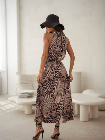 Beżowo-czarna długa sukienka damska w zwierzecy print KORFU