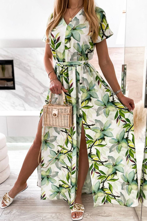 Biała długa sukienka damska w zielone kwiaty RAMONA