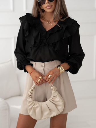 Czarna bluzka damska z ozdobną falbaną CRYSTAL