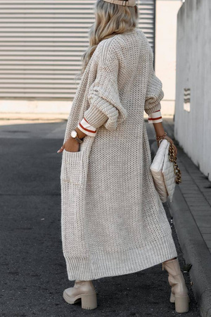 Beżowy długi kardigan damski z grubym splotem i kieszeniami SIMPLY WOOL