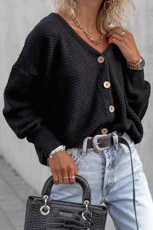 Czarny rozpinany bawełniany sweter damski z ciekawym splotem LADY AUTUMN