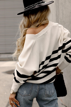 Bialo-czarny sweter damski zapinany na guziki w paski SIMPLY GEOMETRIC