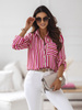 Różowa koszula damska w biało -limonkowe paski z kieszenią i złotymi guzikami MARIA