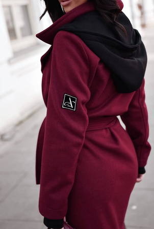 Bordowy płaszcz damski z odpinanym kapturem XANA AUTUMN