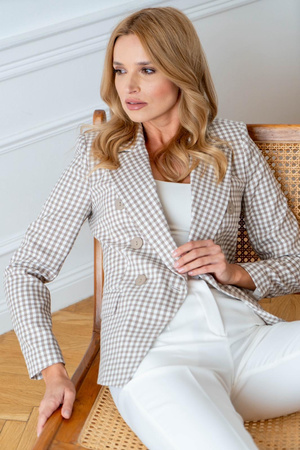 Ciemno-beżowy dwurzędowy żakiet damski w kratkę BALMAIN.