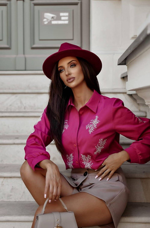 Różowa klasyczna koszula damska z białym haftem MELODY