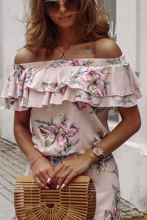 Długa sukienka, beżowa, różowe, zielone, niebieskie kwiaty SUMMER FLOWERS BY X