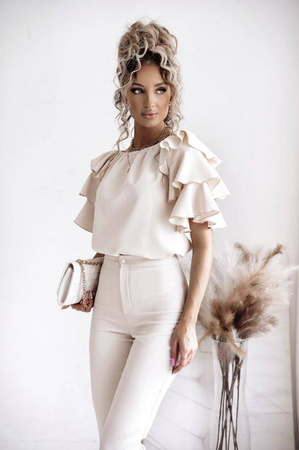 Beżowy komplet damski z bluzką hiszpanką i spodniami typu dzwony XANA GLAMOUR