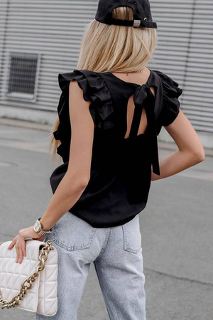 Czarna bluzka damska z falbaną i wiązaniem na plecach DONNA