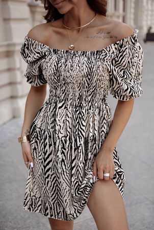 Beżowa krótka sukienka damska hiszpanka w zwierzęcy print PARIS