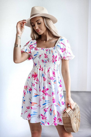 Biała sukienka damska z gorsetową częścią w kolorowe kwiaty ALEXANDRA