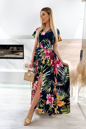 Granatowa długa sukienka damska w kolorowy tropikalny wzór RAMONA