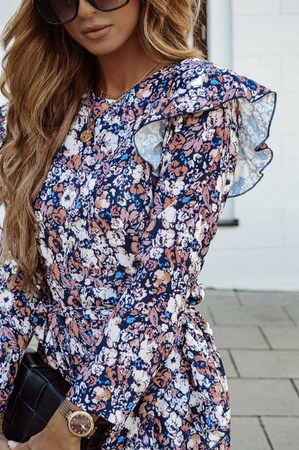 Krótka brązowa sukienka, motyw kwiaty, wiązana w pasie, długi rękaw FOR NOW III by X.