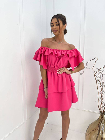 Różowa sukienka damska hiszpanka z gumką w talii i falbanami BY MIELCZARKOWSKI