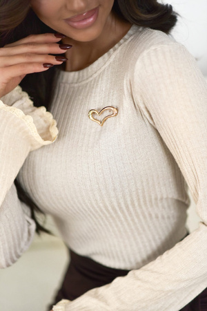  Beżowy błyszczący  dopasowany  sweter damski z ozdobnym rekawem   VEOLI