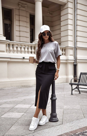 Czarna długa spódnica damska z rozcięciem i kieszeniami ANNA