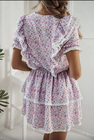 Fioletowa sukienka z krótkim rękawem damska w kolorowe kwiaty CAROLINE