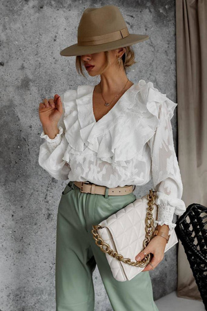 Biała koszula damska z falbanami i srebrną nitką SIMPLY CROWN