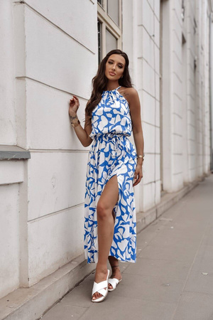 Biało-niebieska długa sukienka damska we wzory KORFU