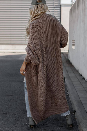 Brązowy długi kardigan damski z grubym splotem i kieszeniami SIMPLY WOOL