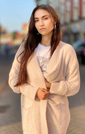 Jasny beż kardigan ALPAKA, długi sweter z kieszeniami.