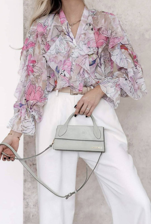 Różowo-biała bluzka damska w kwiaty z ozdobną falbaną MEMBER