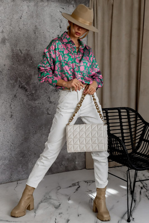 Zielona luźna koszula damska w różowe kwiaty  SIMPLY STYLE