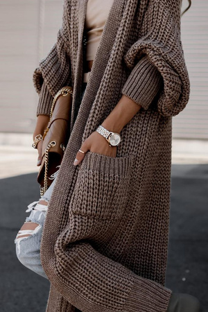 Brązowy długi kardigan damski z grubym splotem i kieszeniami SIMPLY WOOL