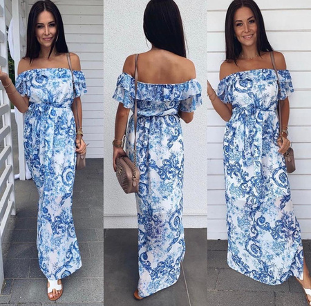 Długa sukienka damska w niebieskie wzory SKY