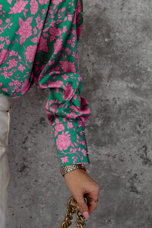 Zielona luźna koszula damska w różowe kwiaty  SIMPLY STYLE