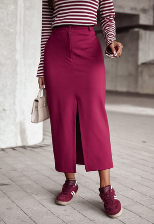 Bordowa  długa spódnica damska z rozcięciem z przodu ANNA