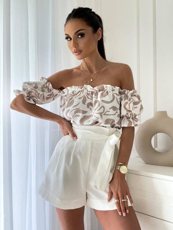 Biało-beżowa bluzka damska hiszpanka z krótkim rękawem PUR SPAIN