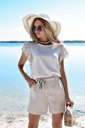 Beżowe lniane spodenki damskie z wysokim stanem ALMA