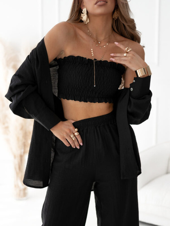 Czarny 3 częściowy lniany komplet damski GRACE