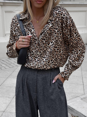 Beżowo-czarna luźna koszula damska w zwierzecy print SIMPLY