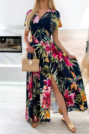 Granatowa długa sukienka damska w kolorowy tropikalny wzór RAMONA