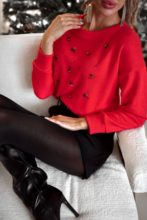 Czerwony sweter damski z robiony perełkami BEYONCE