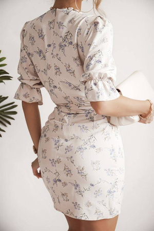 Beżowa sukienka damska w delikatne kwiaty ze ściągaczem ELLE