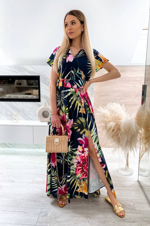 Granatowa długa sukienka damska w kolorowy tropikalny wzór RAMONA