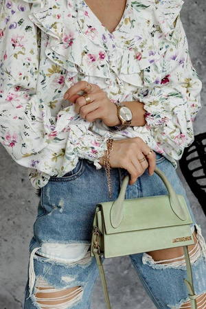 Biała bluzka damska w drobne kwiaty z falbaną z przodu i wiązaniem na plecach NICOLE