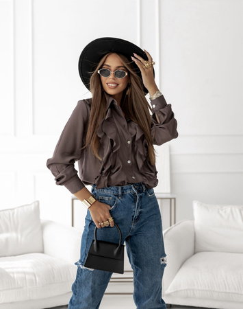 Brązowa koszula damska zdobiona falbanka WONDER